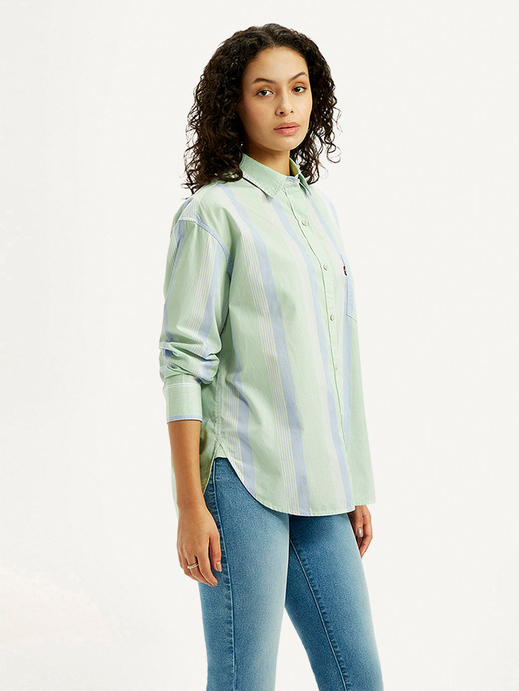 Women's Striped Light Green Slim Fit Shirt - Side View