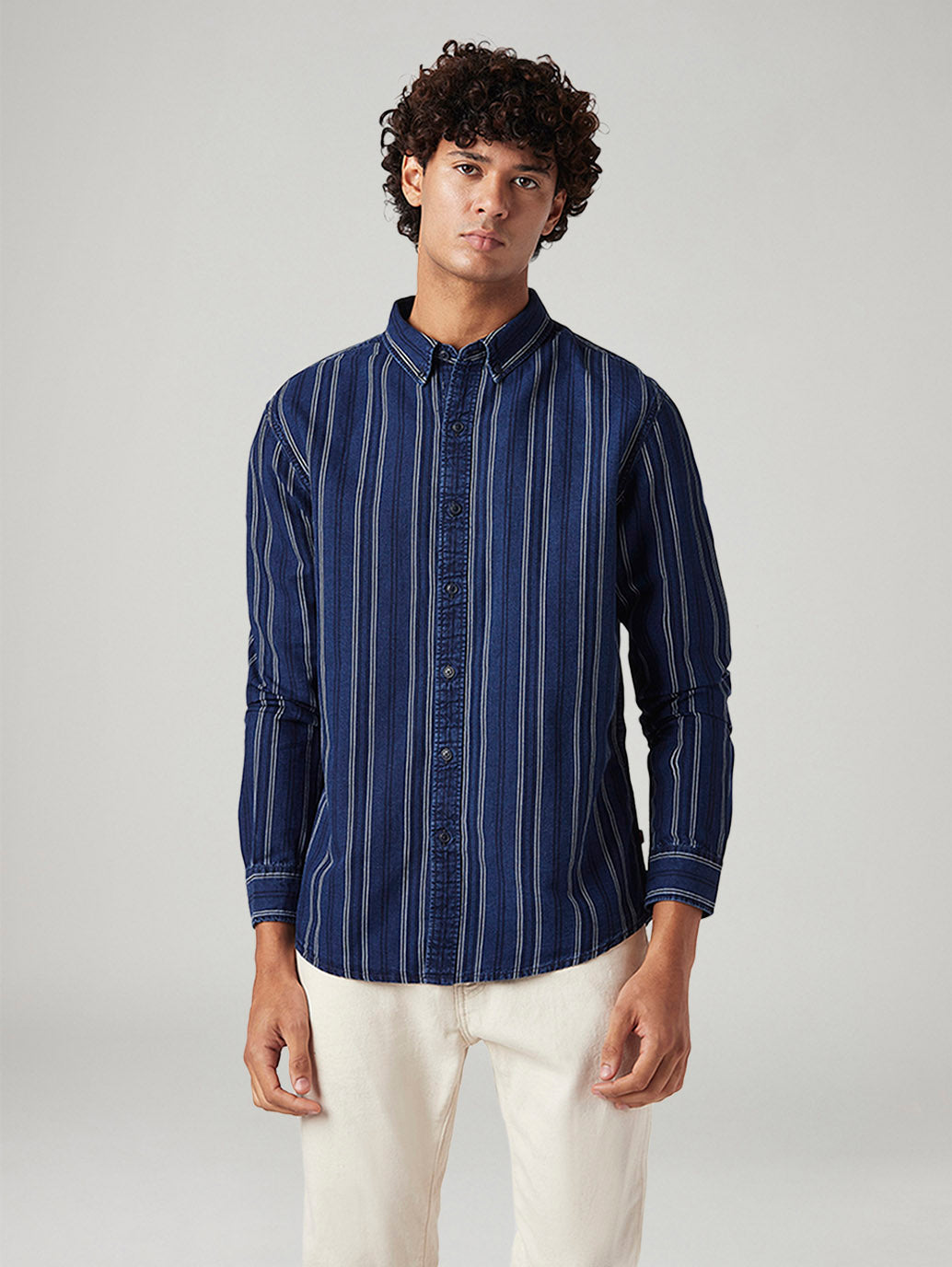 Men's Striped Slim Fit Linen Shirt - Front View