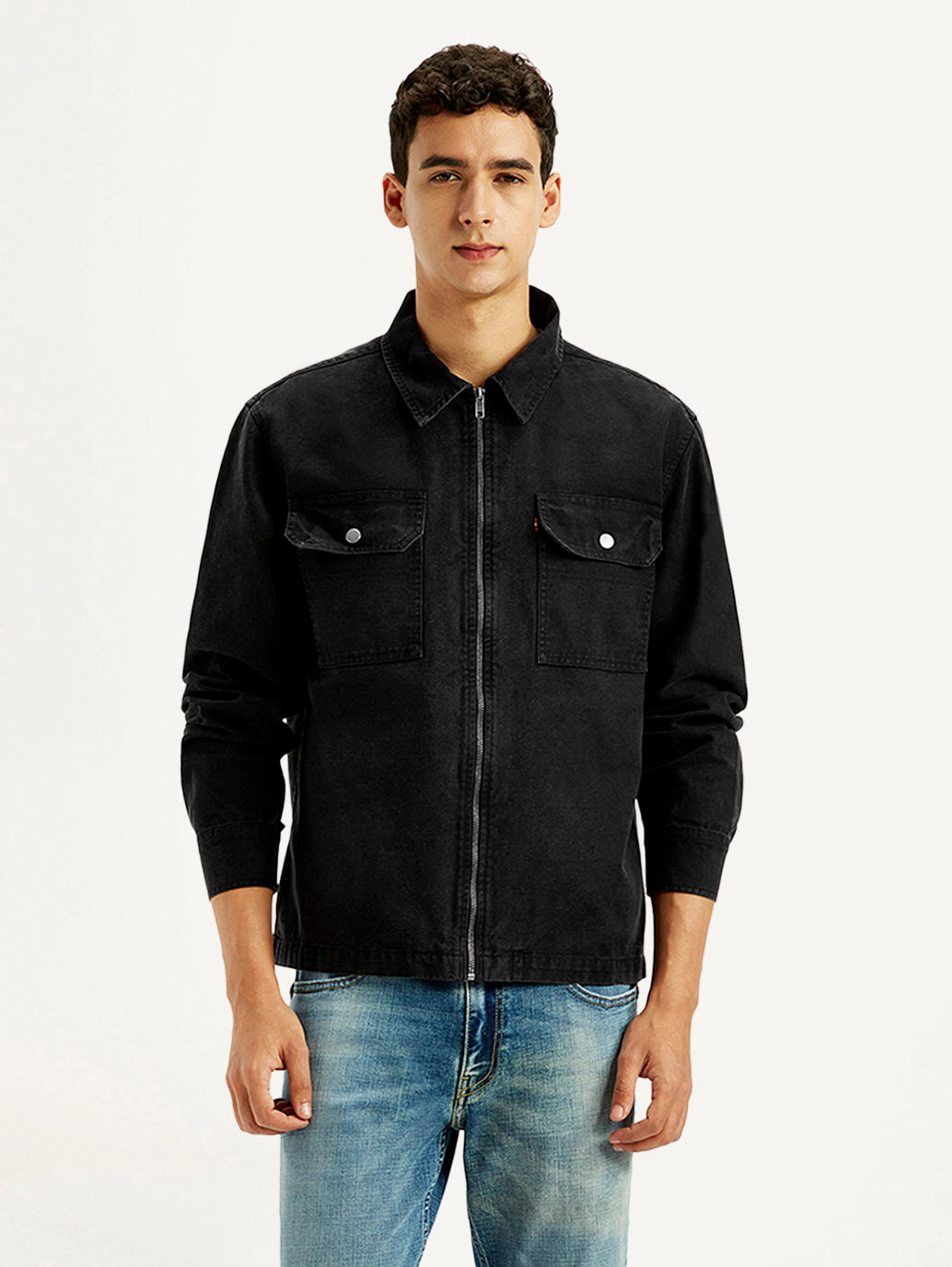 Men's Overdyed Solid Black Shacket - Front View