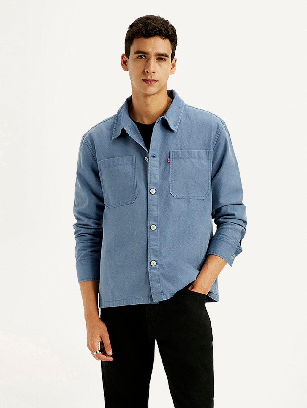 Men's Solid Blue Slim Fit Shacket - Styleshot View