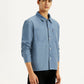 Men's Solid Blue Slim Fit Shacket - Side View