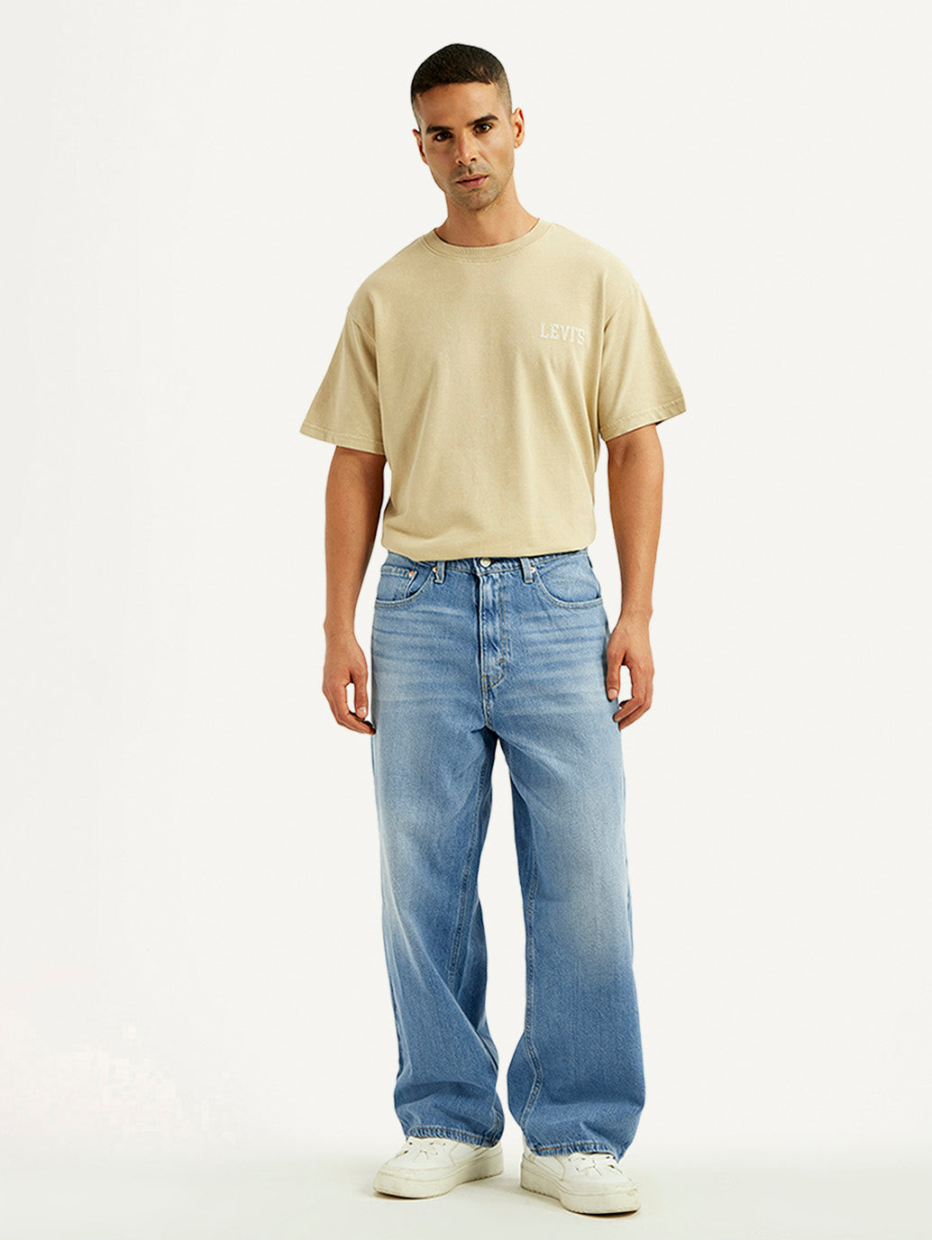 Men's Light Blue Extra Baggy Loose Fit Mid Rise Jeans - Front View