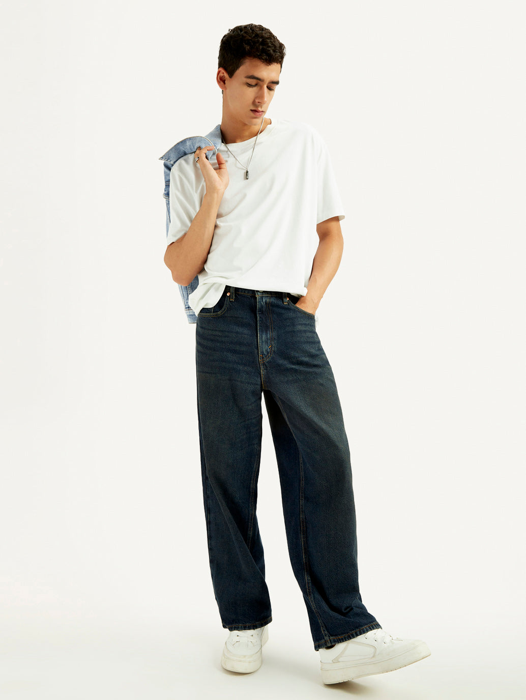 Men's Dark Blue Extra Baggy Loose Fit Mid Rise Jeans - Elevated View