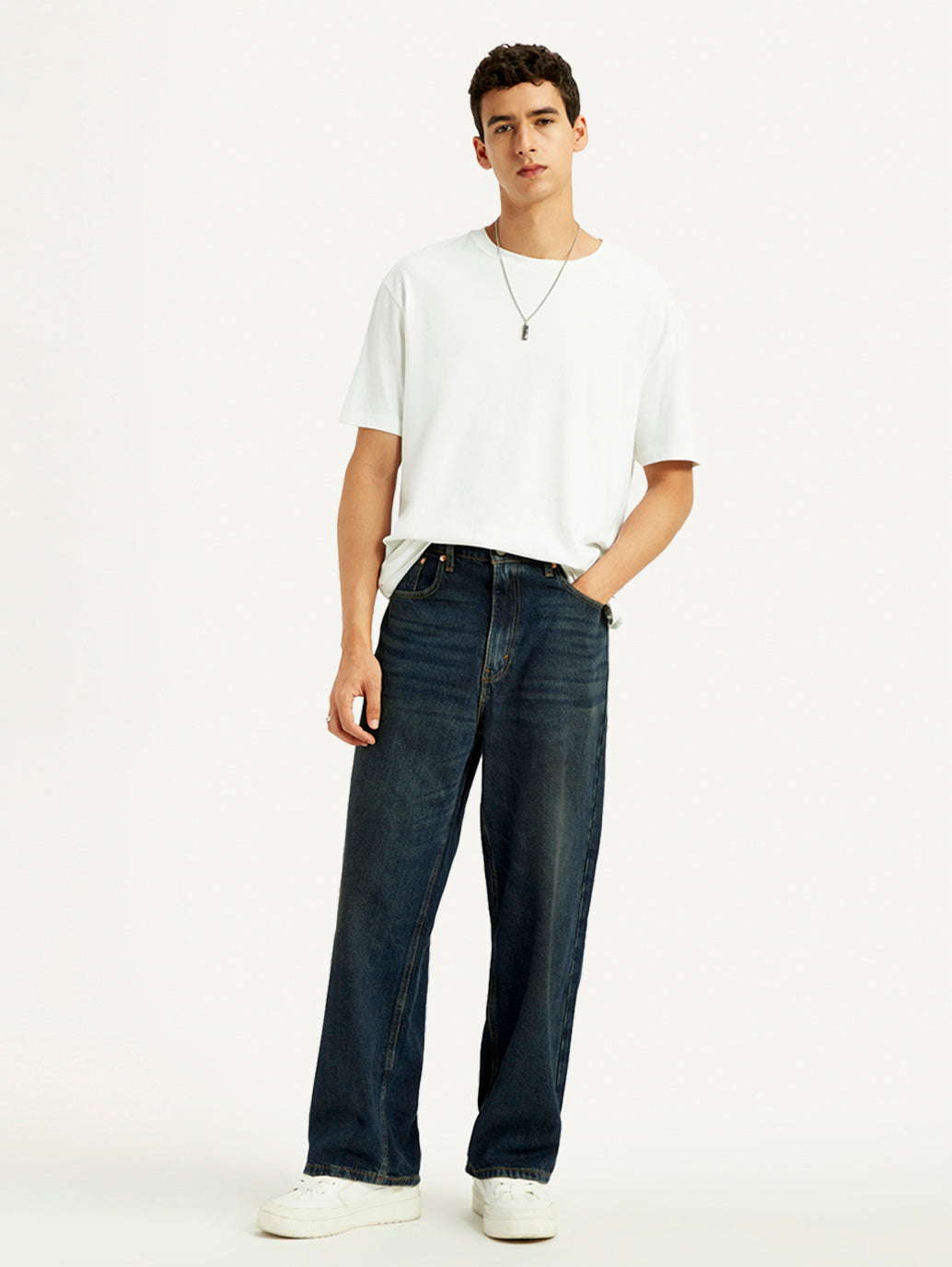 Men's Dark Blue Extra Baggy Loose Fit Mid Rise Jeans - Styleshot View