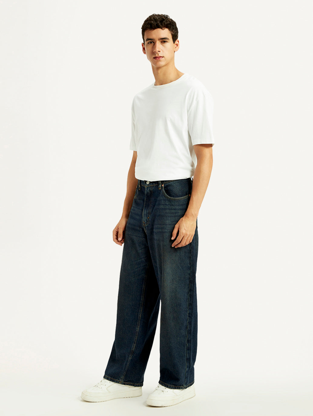 Men's Dark Blue Extra Baggy Loose Fit Mid Rise Jeans - Side View