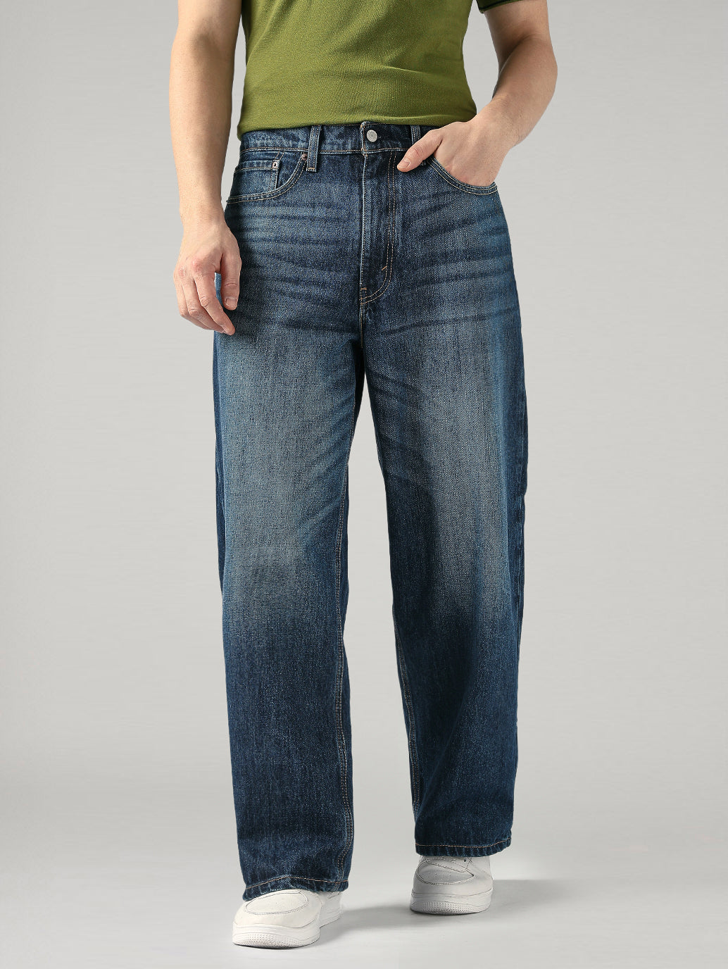 Men's Blue Extra Baggy Fit Mid Rise Jeans - Front View