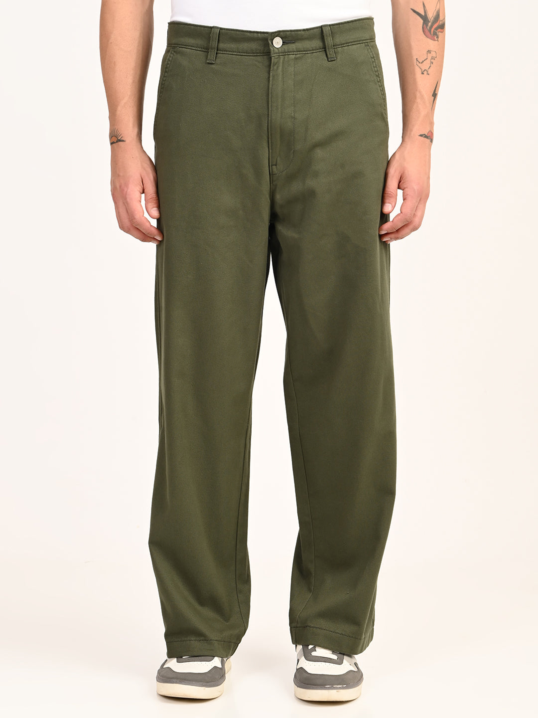 Men's Olive Baggy Fit Trousers - front View