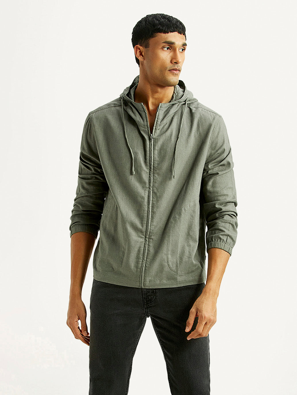 Men's Solid Green Relaxed Fit Linen Jacket - Styleshot View