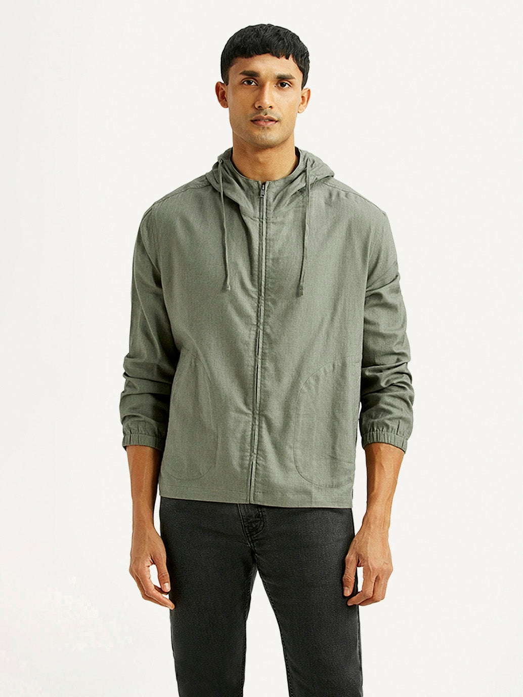 Men's Solid Green Relaxed Fit Linen Jacket - Front View