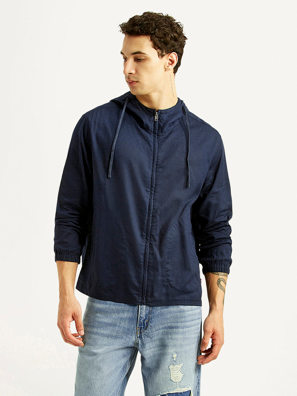 Men's Solid Navy Linen Jacket - Styleshot View