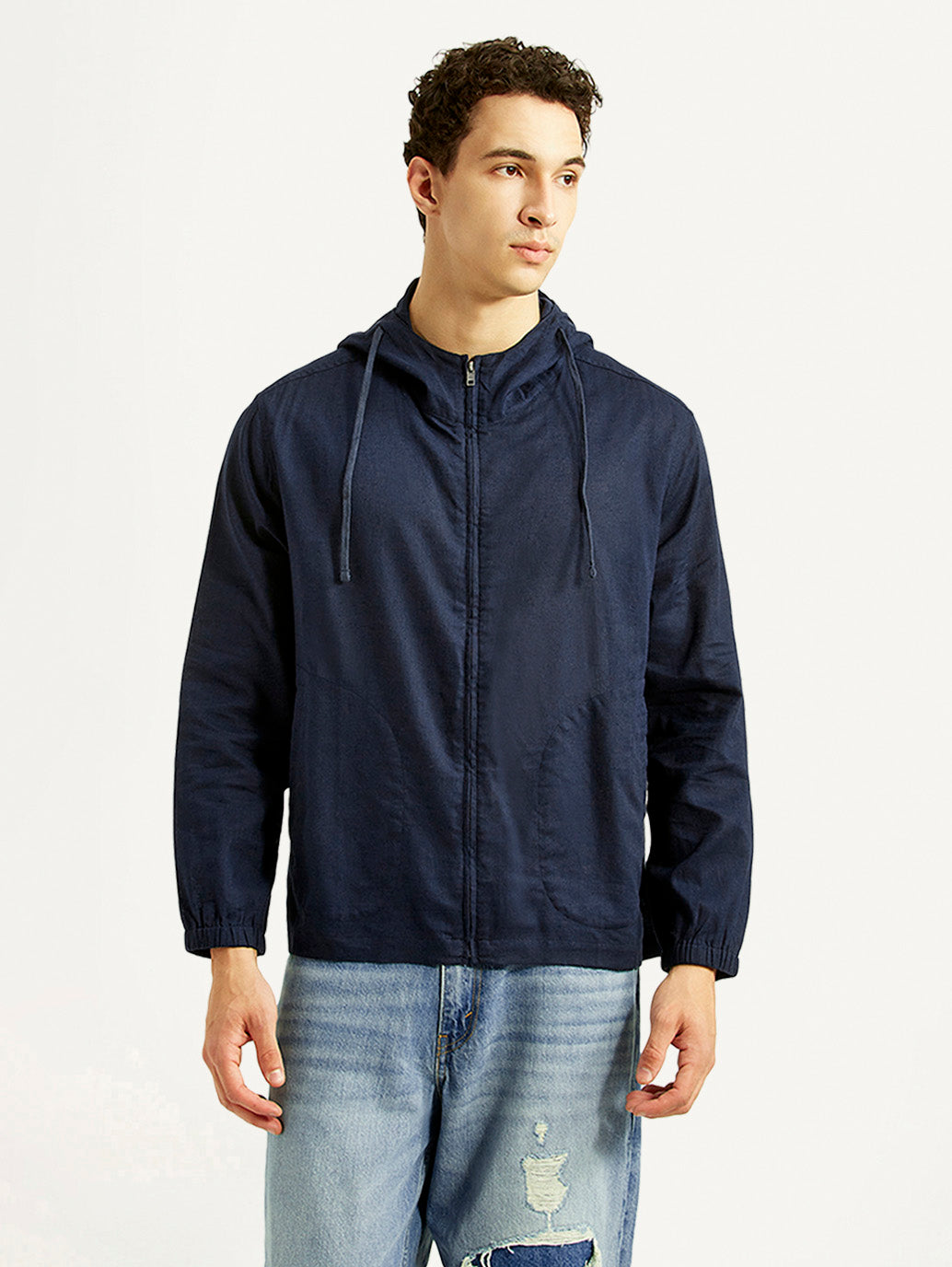 Men's Solid Navy Linen Jacket - Front View