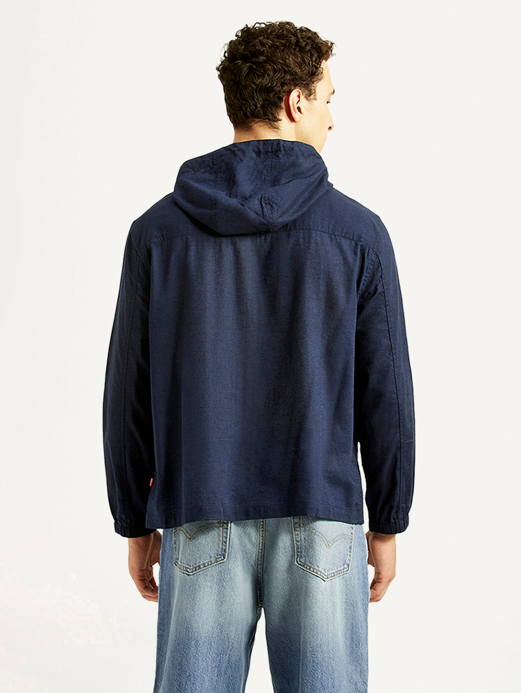 Men's Solid Navy Linen Jacket - Back View