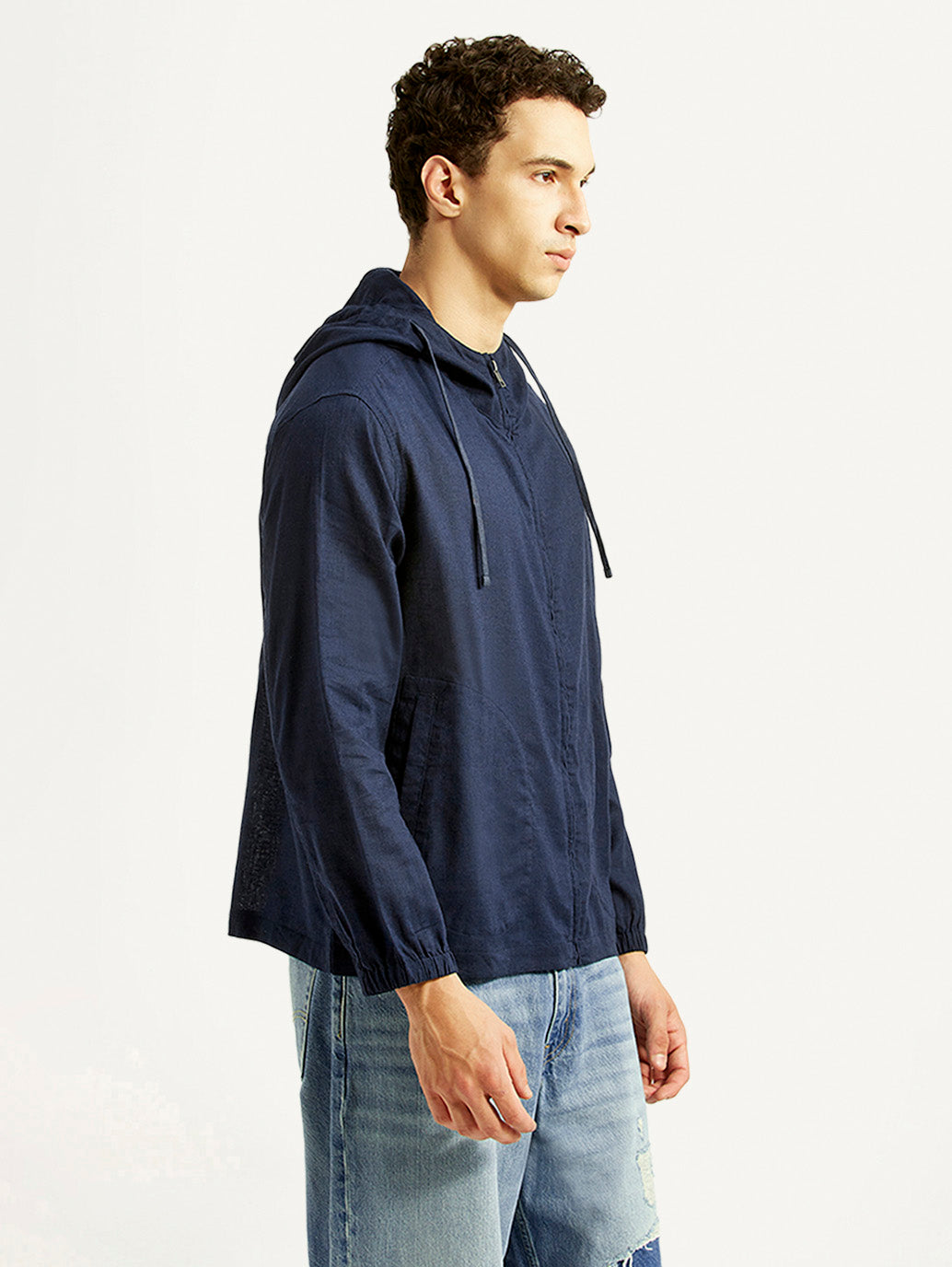 Men's Solid Navy Linen Jacket - Side View