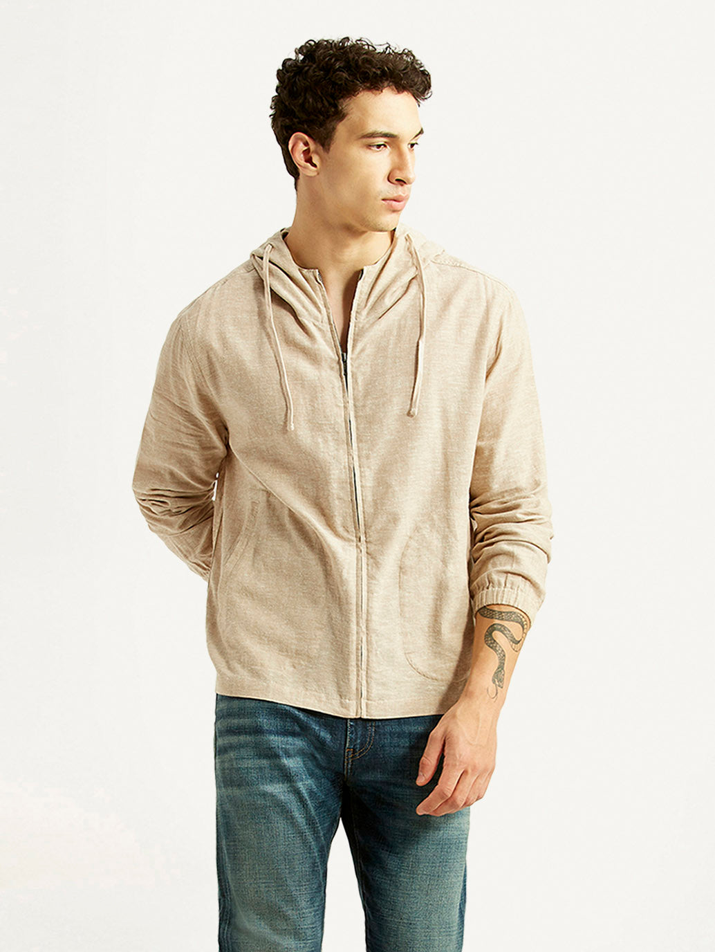 Men's Solid Beige Linen Hooded Shacket