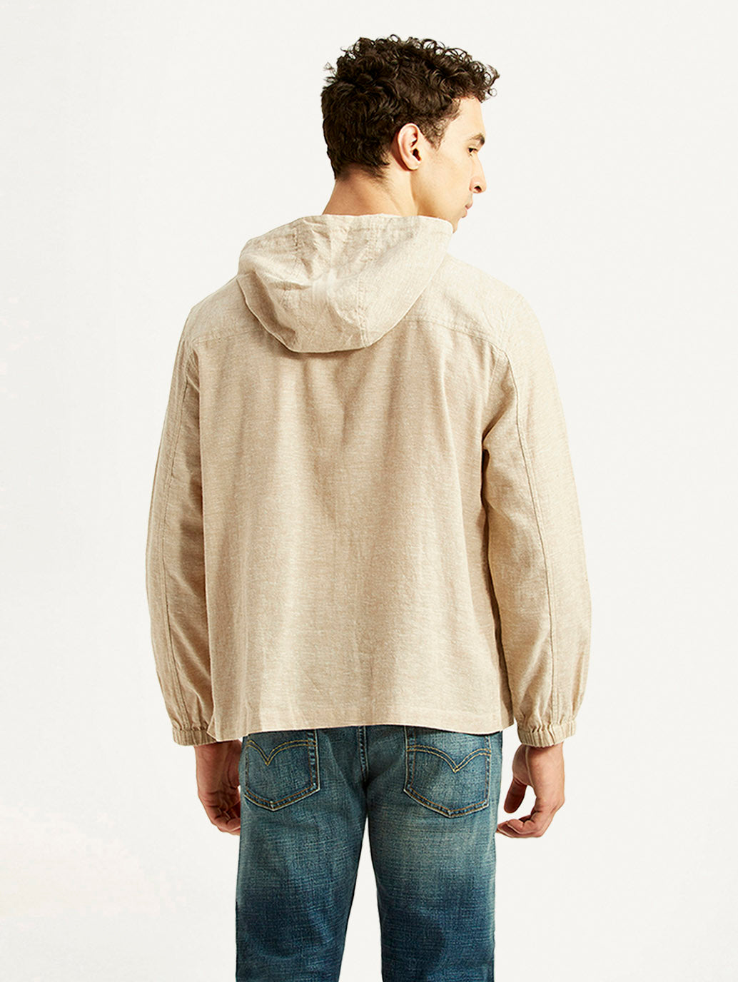 Men's Solid Beige Linen Hooded Shacket - Back View