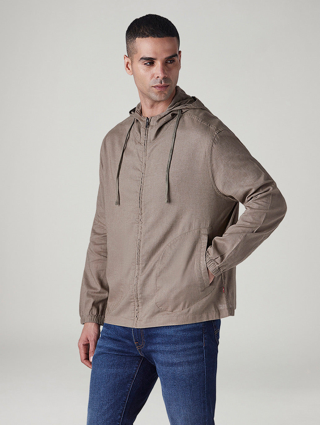 Men's Solid Light Brown Linen Hooded Sweatshirt - Side View