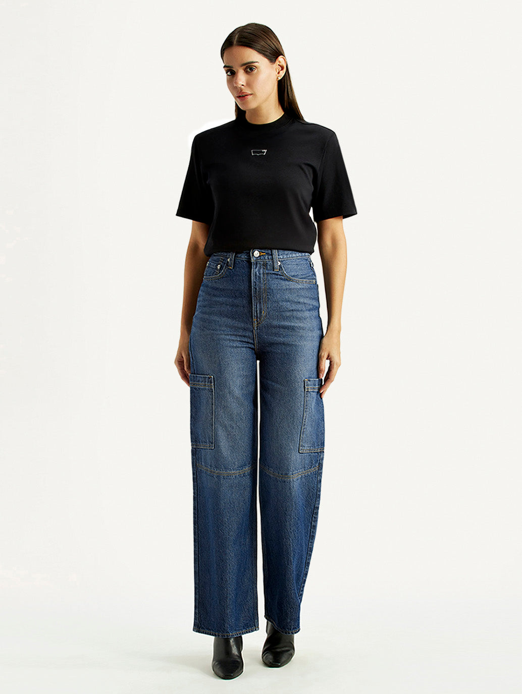 Women's Med Indigo Loose Fit High Rise Jeans - Front View
