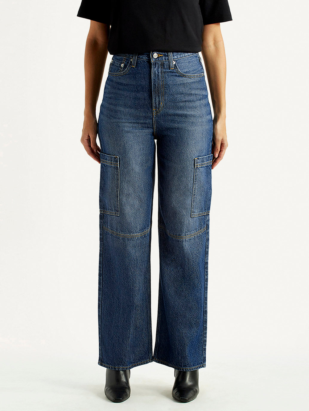 Women's Med Indigo Loose Fit High Rise Jeans - Front View