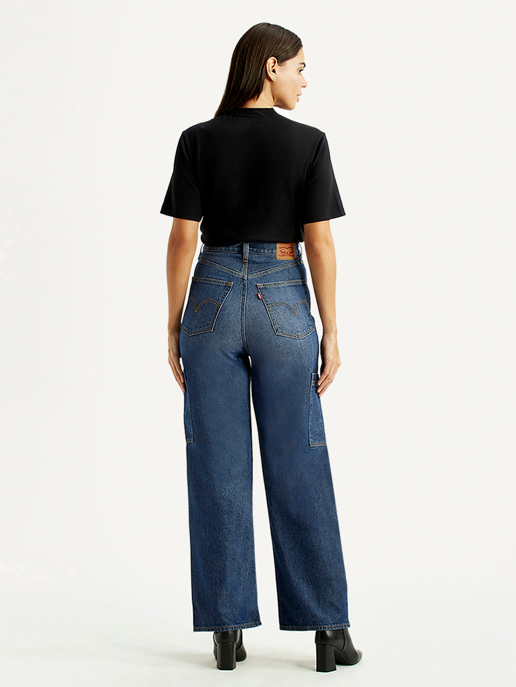 Women's Med Indigo Loose Fit High Rise Jeans - Back View