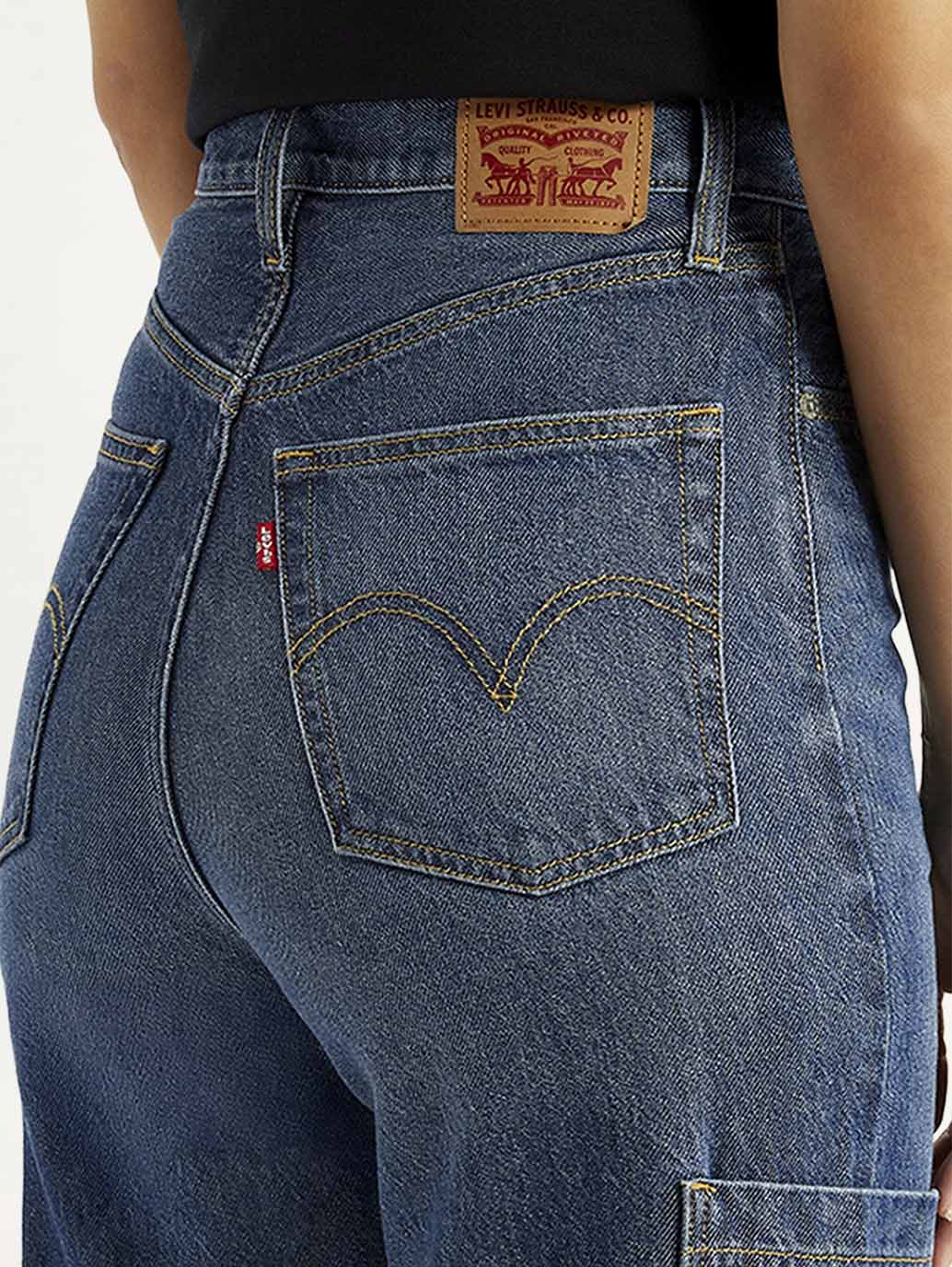 Women's Med Indigo Loose Fit High Rise Jeans - Detail View
