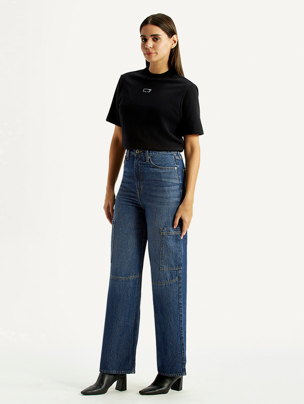 Women's Med Indigo Loose Fit High Rise Jeans - Side View