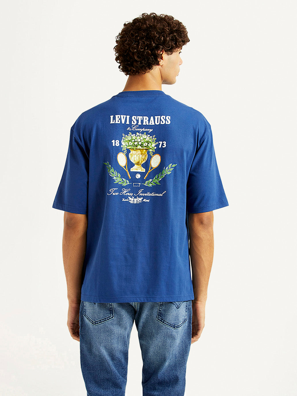 Men's Graphic Print Blue Loose Fit T-shirt - Back View