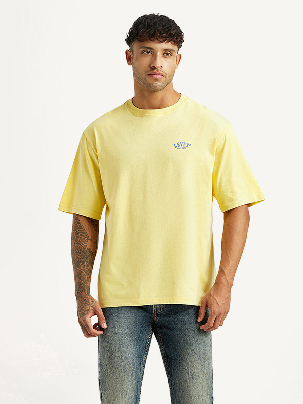 Men's Typographic Print Yellow Loose Fit T-shirt - Front View