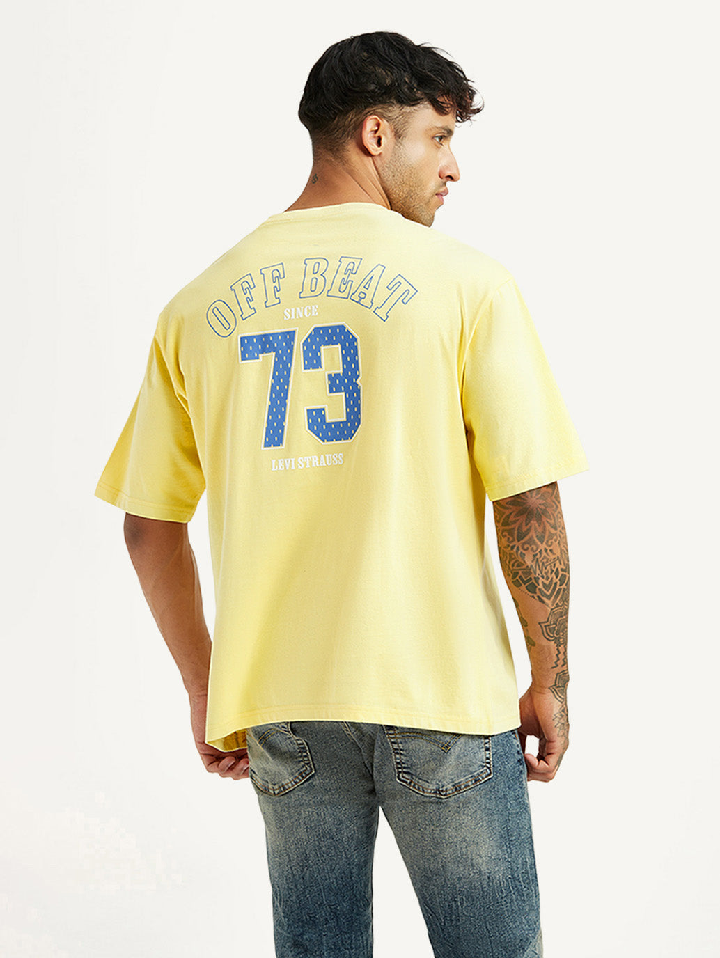 Men's Typographic Print Yellow Loose Fit T-shirt - Back View