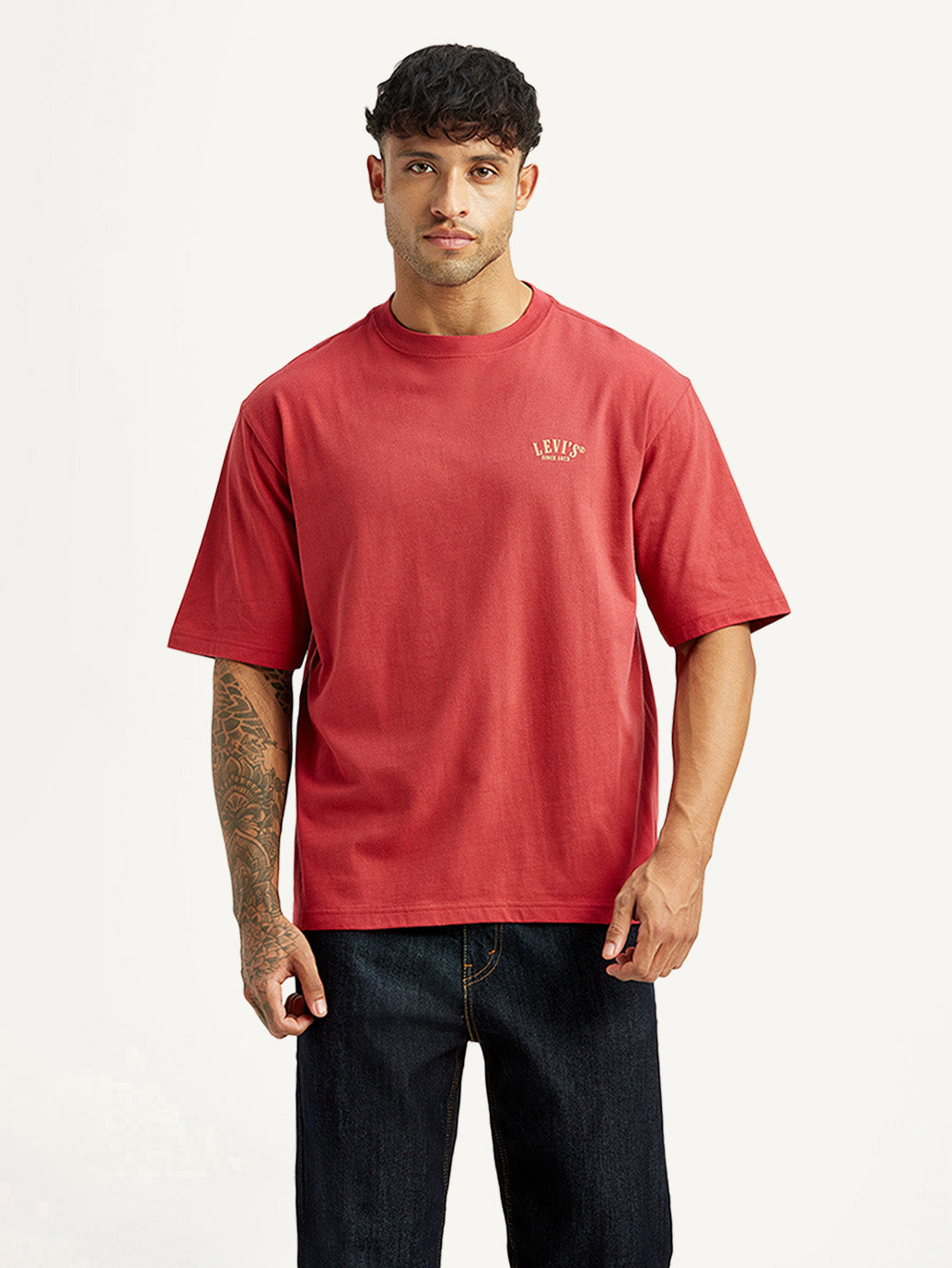 Men's Typographic Print Red Loose Fit T-shirt - Front View