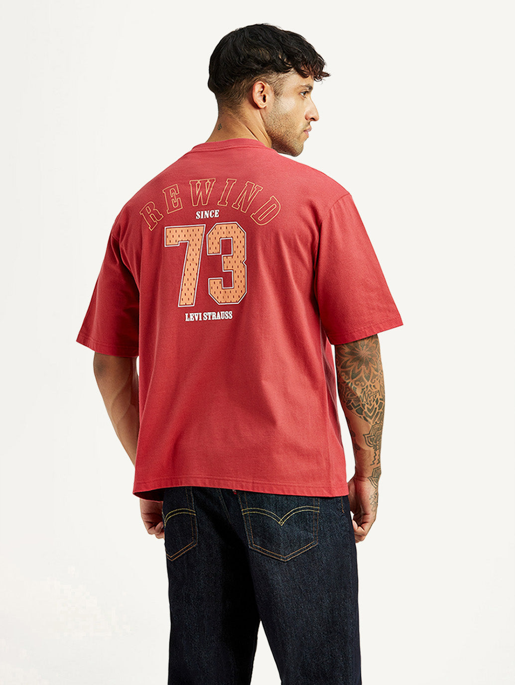 Men's Typographic Print Red Loose Fit T-shirt - Back View