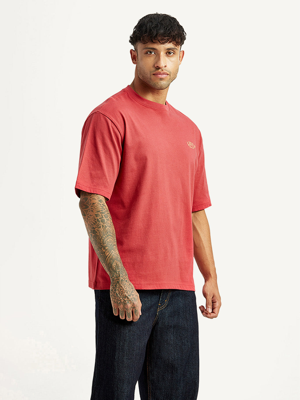 Men's Typographic Print Red Loose Fit T-shirt - Side View