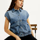 Women's Solid Blue Denim Jacket - Elevated View