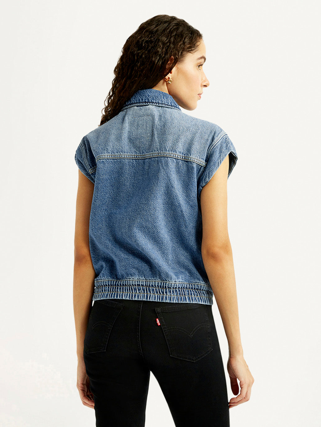 Women's Solid Blue Denim Jacket - Back View