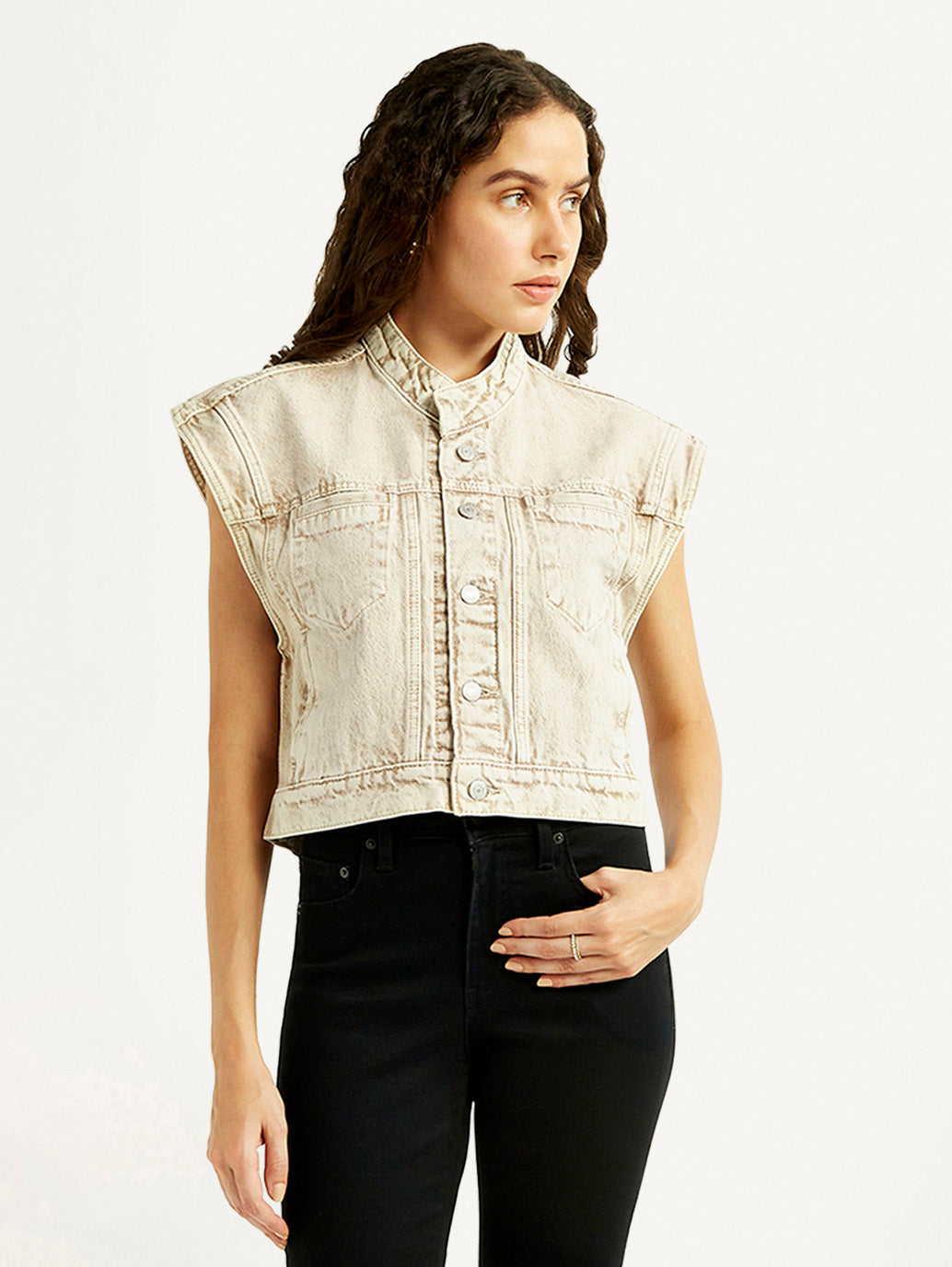 Women's Solid Beige Denim Jacket - Styleshot View