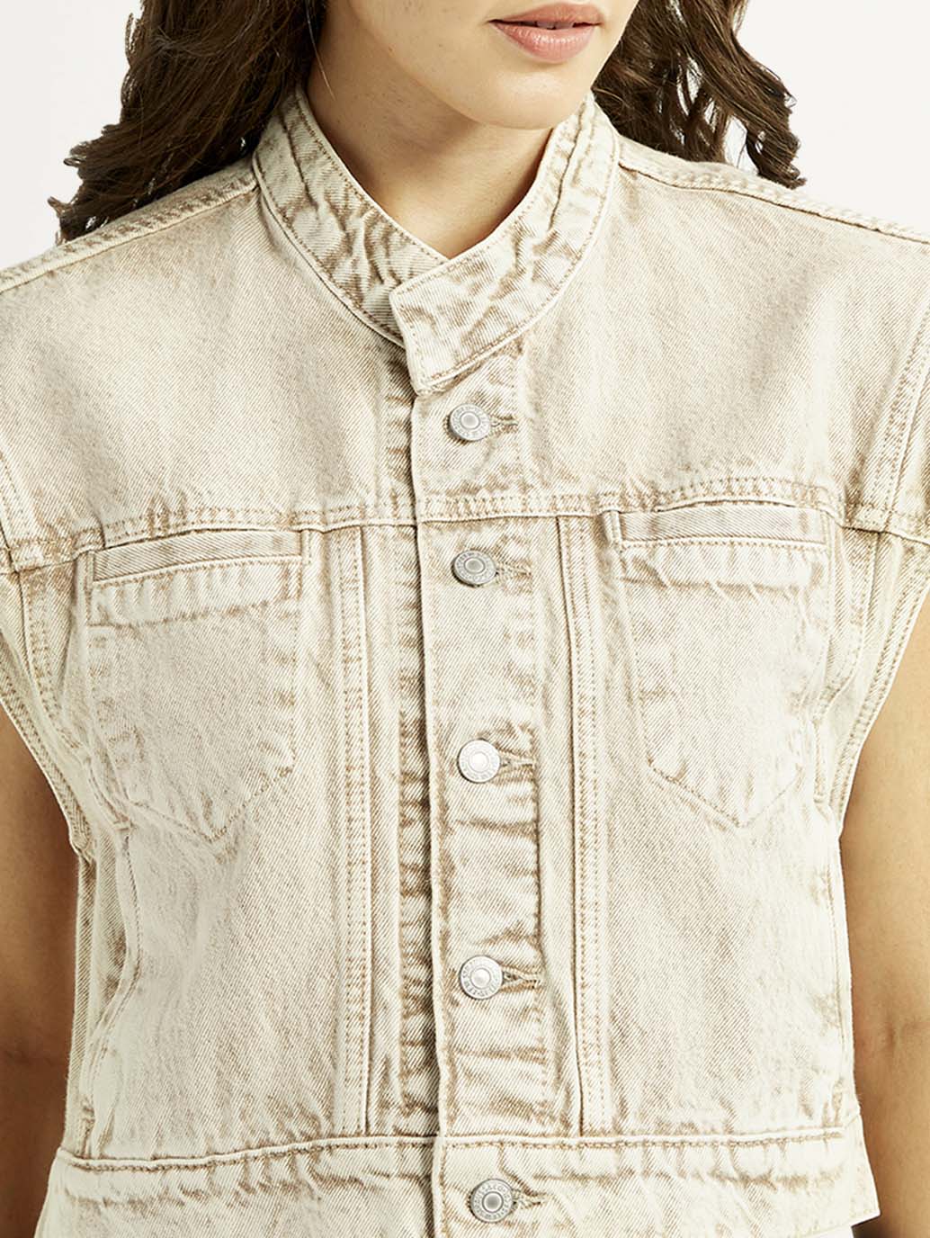 Women's Solid Beige Denim Jacket - Detail View