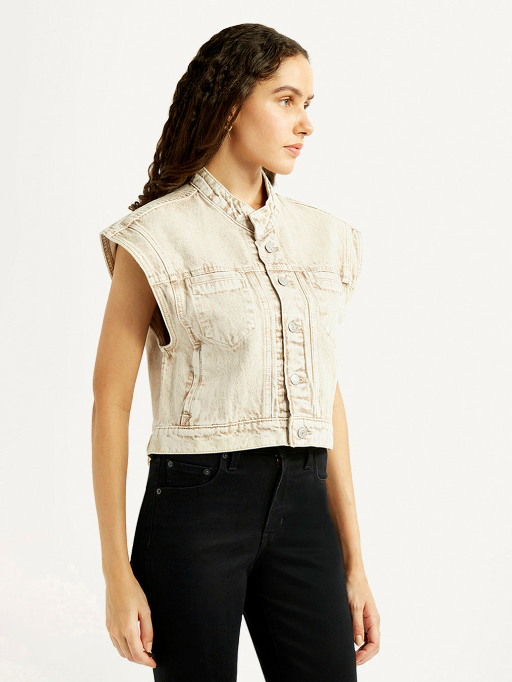 Women's Solid Beige Denim Jacket - Side View