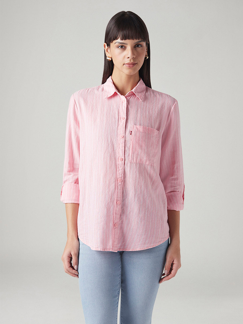 Women's Striped Relaxed Fit Linen Shirt - Front View