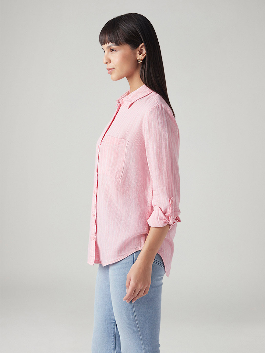 Women's Striped Relaxed Fit Linen Shirt - Side View