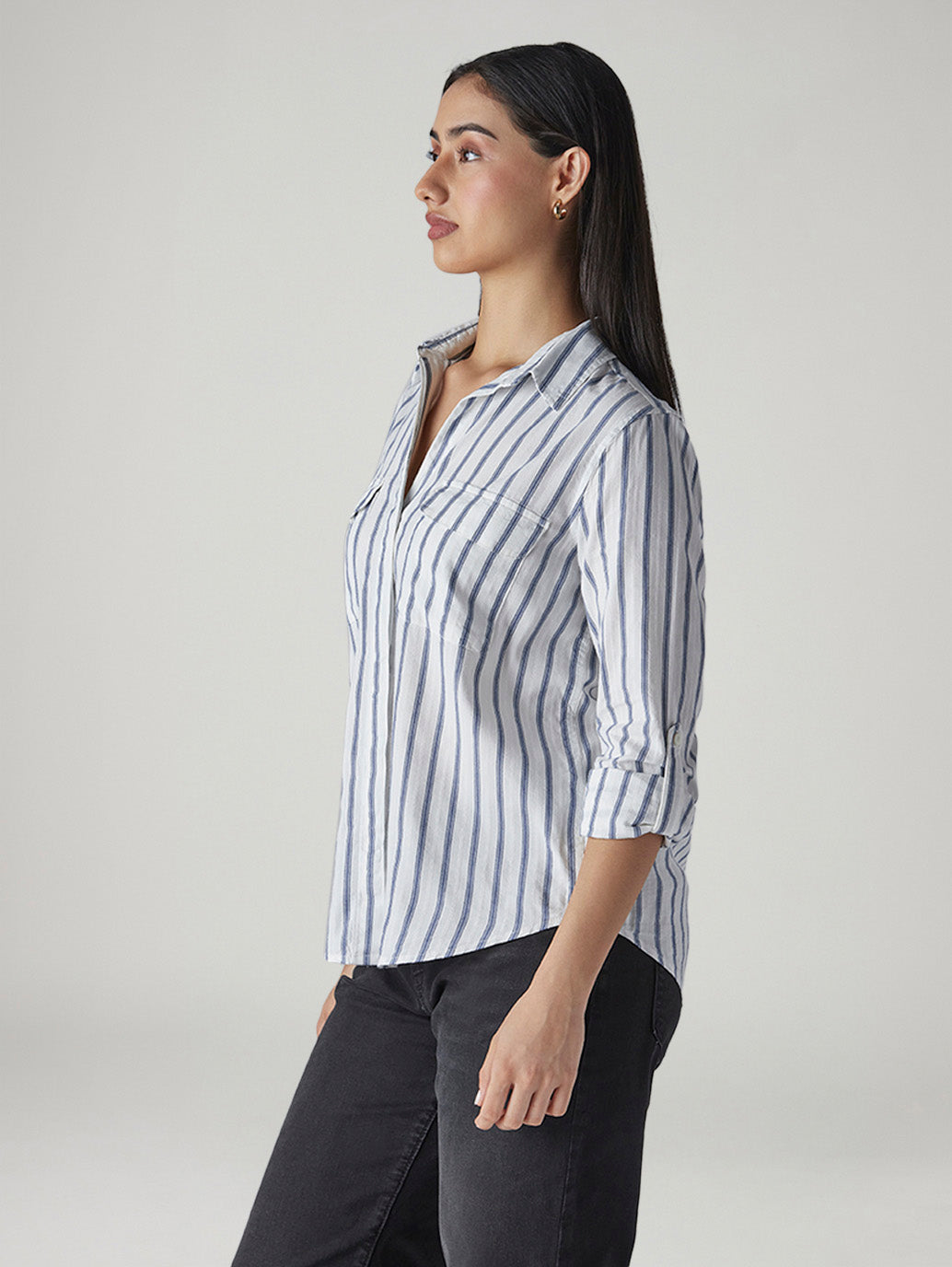Women's White Striped Relaxed Fit Utility Shirt - Side View