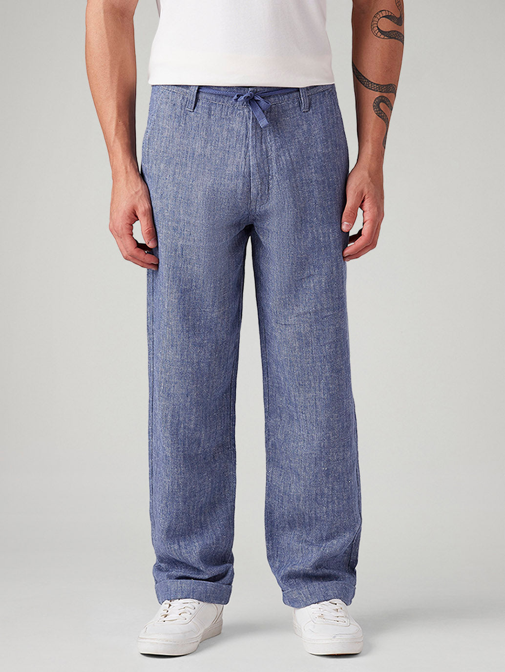 Men's Blue Loose Straight Fit Mid Rise Chinos - Front View