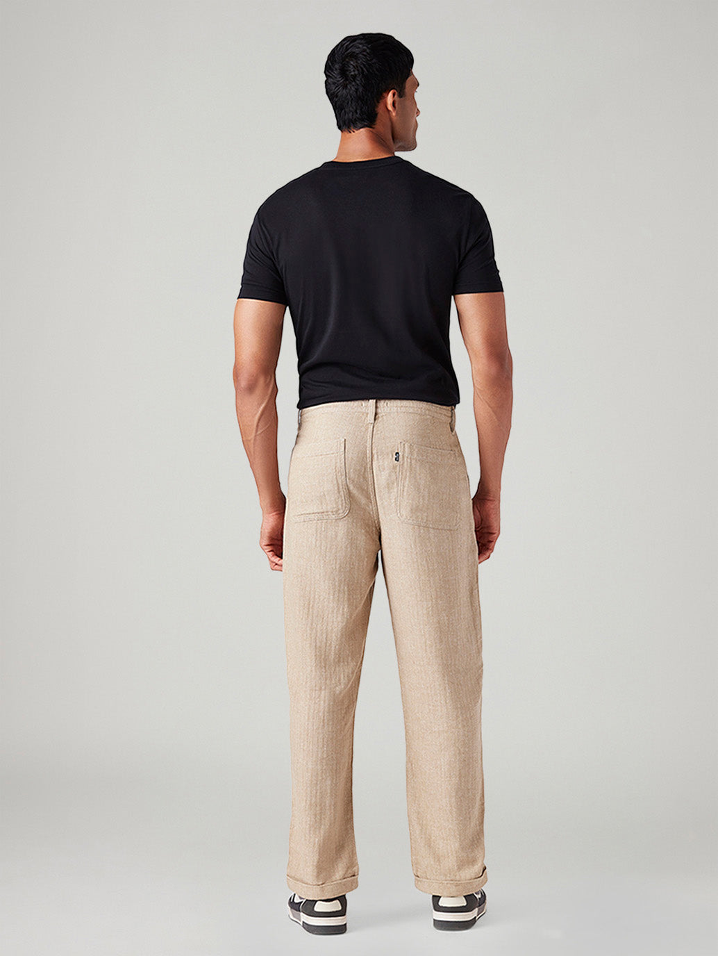 Men's Beige Loose Straight Fit Mid Rise Linen Chinos - Back View