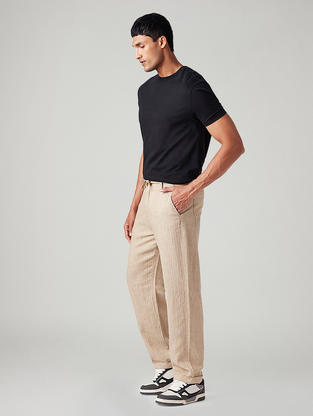 Men's Beige Loose Straight Fit Mid Rise Linen Chinos - Side View