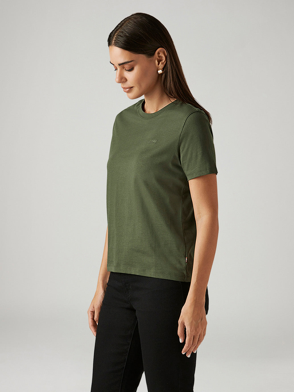 Women's Solid Olive Crew Neck T-shirt - Side View