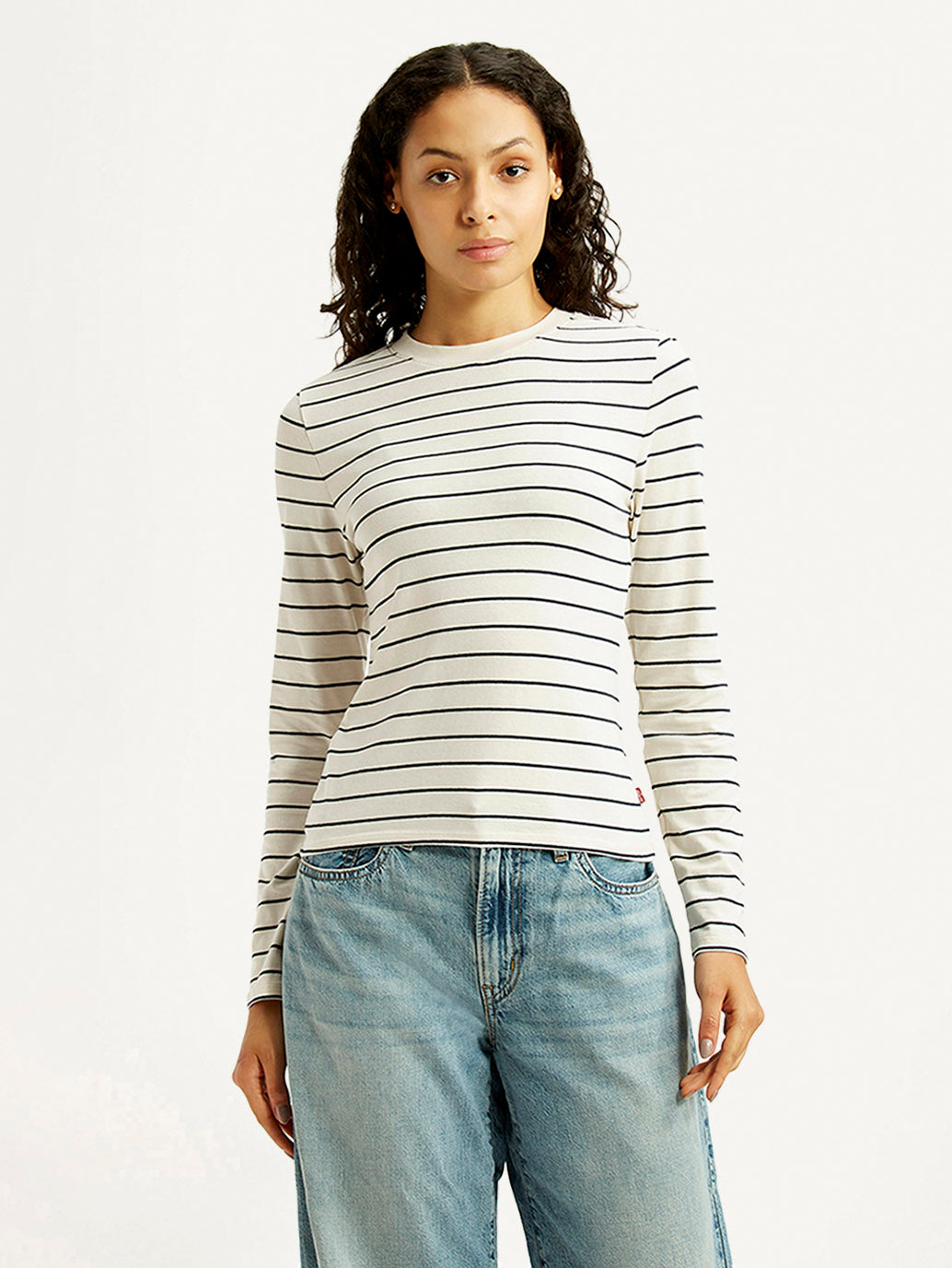 Women's Striped White Slim Fit T-shirt - Front View
