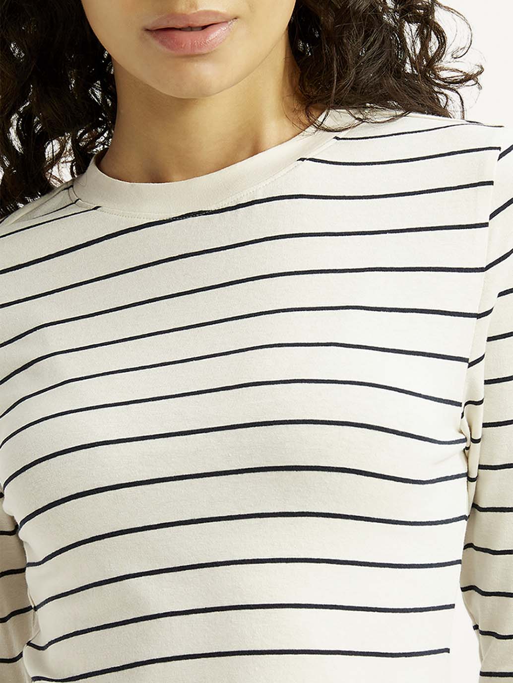 Women's Striped White Slim Fit T-shirt - Detail View
