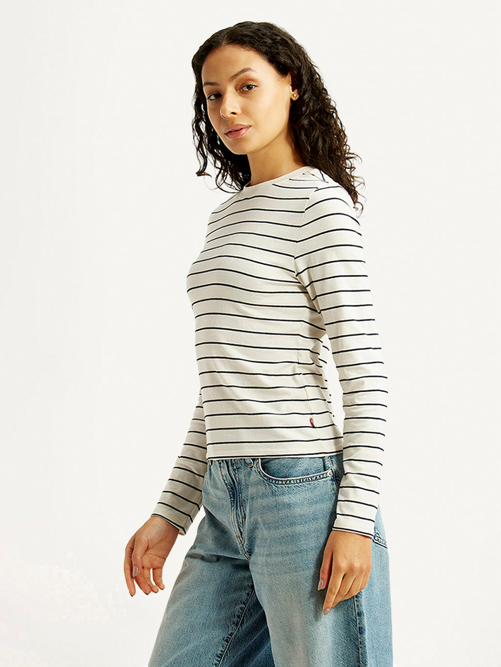 Women's Striped White Slim Fit T-shirt - Side View