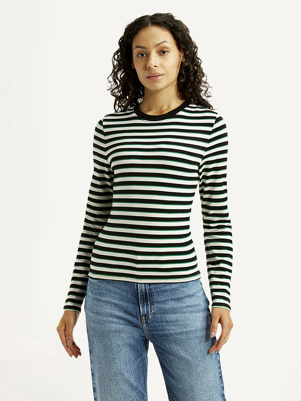 Women's Striped Black Slim Fit T-shirt - Front View