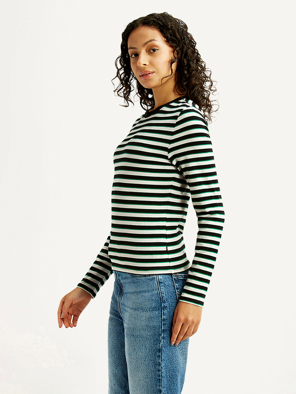 Women's Striped Black Slim Fit T-shirt - Side View