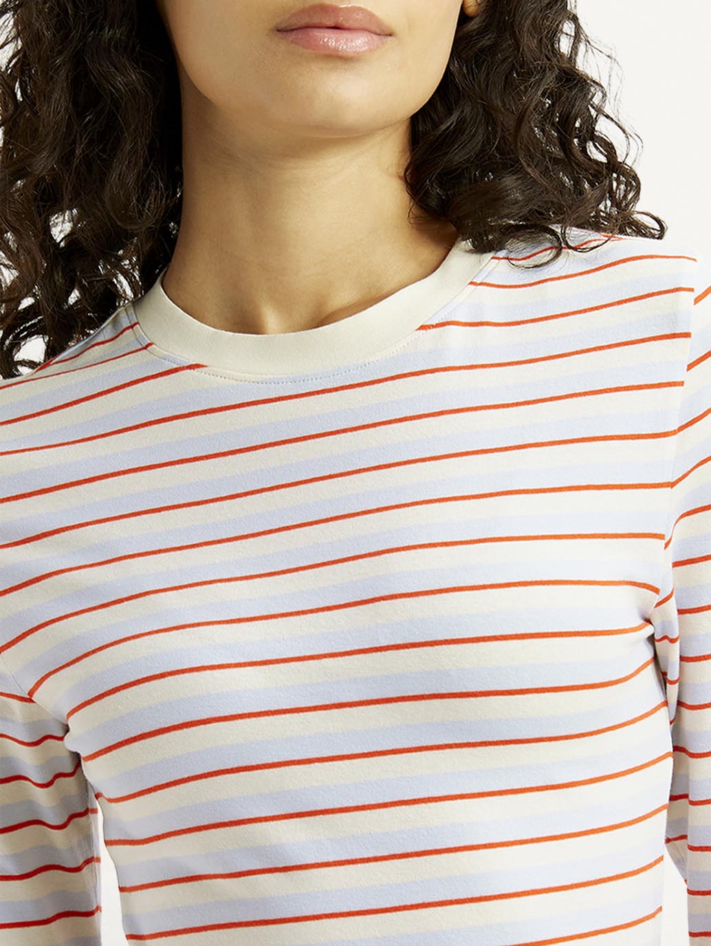 Women's Striped White Slim Fit T-shirt - Detail View