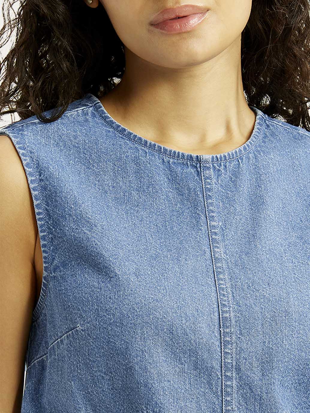 Women's Solid Indigo Round Neck Denim Top - Detail View